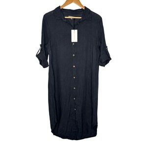 NWT Splendid Iris 100% Linen Dress Duster S/M Navy Made in Italy Roll Tab Boho